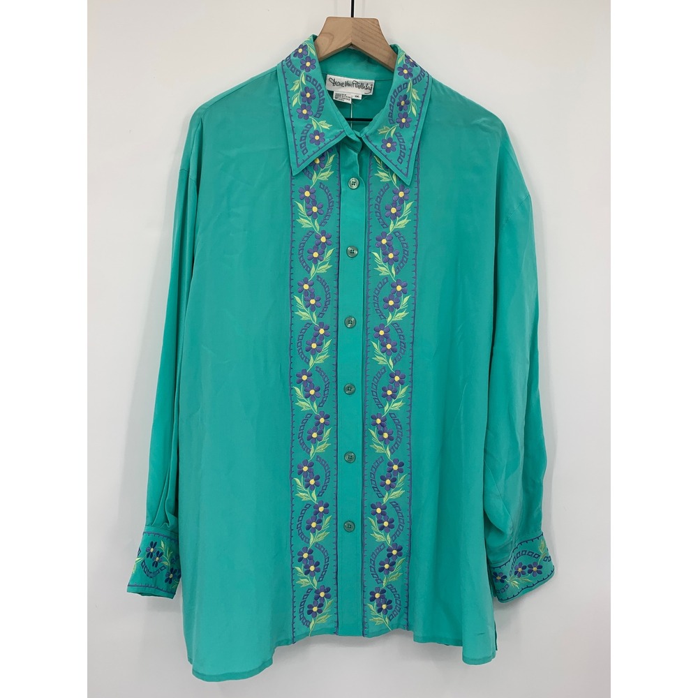 Vintage Diane Von Furstenberg Shirt Womens 1X Tealโ Silk Floral Embroidered NEW
